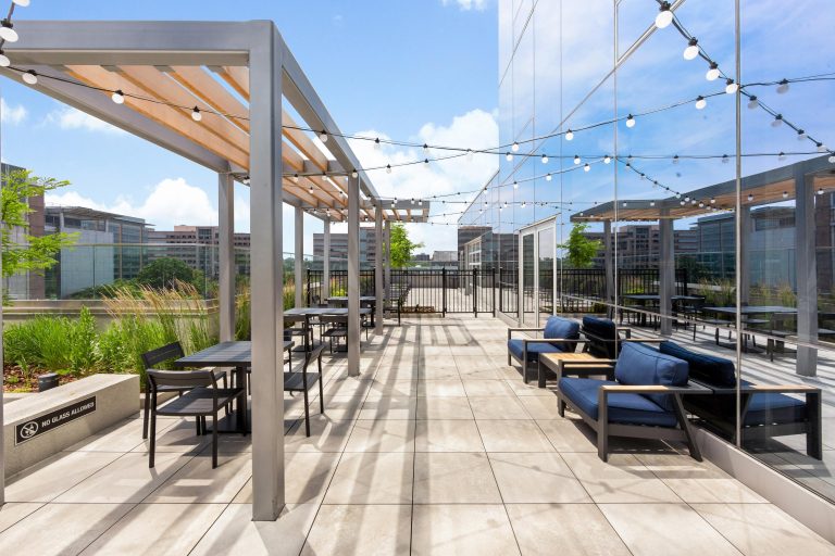 Pergola-covered seating.