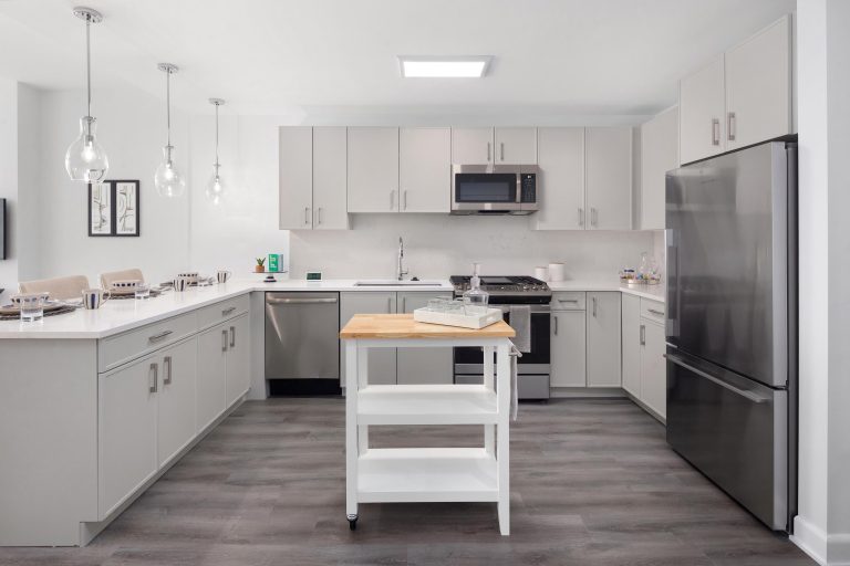 Kitchen with island seating.