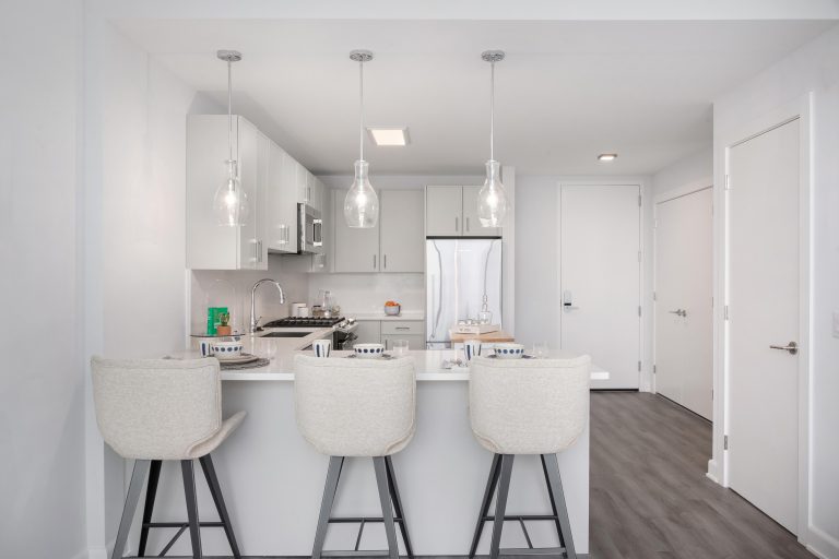 L-shaped kitchen entry.